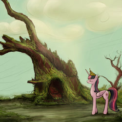 Size: 3000x3000 | Tagged: safe, artist:plotcore, twilight sparkle, twilight sparkle (alicorn), alicorn, pony, crown, destroyed library, eyes closed, female, golden oaks library, jewelry, mare, regalia, solo