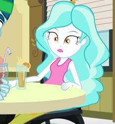 Size: 772x831 | Tagged: safe, screencap, captain planet, paisley, equestria girls, cropped, drink, food, milkshake, orange, solo, table