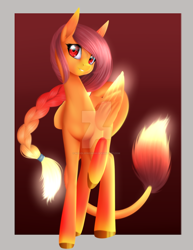 Size: 1024x1325 | Tagged: safe, artist:noodlefreak88, derpibooru import, oc, oc only, hybrid, eye contact, fire pony, glowing hair, glowing wings, multicolored hair, red eyes, solo, watermark