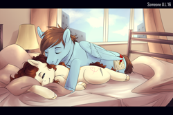 Size: 1280x856 | Tagged: safe, artist:somepony-ul, oc, oc only, oc:charlie, oc:sorren, earth pony, pegasus, pony, bed, bedroom, charren, commission, couple, cute, hug, male, morning ponies, romance, straight, sweet