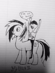 Size: 1936x2592 | Tagged: safe, artist:djbroniii, oc, oc only, oc:smartass pone, black and white, dialogue, duo, grayscale, lined paper, monochrome, peanutbuttergamer, text, traditional art