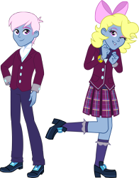 Size: 3289x4200 | Tagged: safe, artist:imperfectxiii, oc, oc only, oc:azure/sapphire, oc:sapphire, equestria girls, absurd resolution, bow, clothes, commission, crossdressing, crystal prep academy uniform, cute, equestria girls-ified, eyeshadow, high heels, looking at you, makeup, one eye closed, pants, pleated skirt, point commission, raised leg, school uniform, self paradox, shoes, simple background, skirt, smiling, socks, solo, transparent background, wink