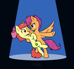 Size: 1670x1552 | Tagged: safe, artist:haretrinity, apple bloom, scootaloo, pony, alternate cutie mark, bipedal, cutie mark, dancing, female, filly, lesbian, scootabloom, shipping, the cmc's cutie marks