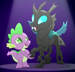 Size: 483x463 | Tagged: safe, derpibooru import, screencap, spike, thorax, changeling, dragon, the times they are a changeling