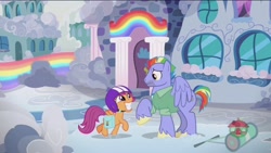 Size: 1600x900 | Tagged: safe, screencap, bow hothoof, scootaloo, pony, parental glideance, helmet, lawn mower, saddle bag, smiling