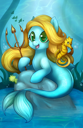 Size: 800x1235 | Tagged: safe, artist:pingwinowa, oc, oc only, oc:bubble, merpony, seahorse, hoof hold, looking at you, open mouth, rock, trident, underwater