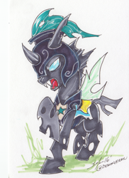 Size: 1688x2319 | Tagged: safe, artist:slifertheskydragon, derpibooru import, oc, oc only, oc:evening breeze, changeling, armor, changeling oc, drone, magic, traditional art