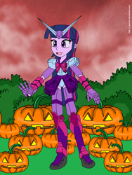 Size: 768x1024 | Tagged: safe, artist:j-greene, twilight sparkle, equestria girls, clothes, costume, gundam, halloween, holiday, jack-o-lantern, pumpkin, solo