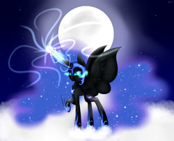 Size: 2371x1919 | Tagged: safe, artist:darkbloodweapon, derpibooru import, nightmare moon, cloud, magic, moon, raised hoof, solo, spread wings