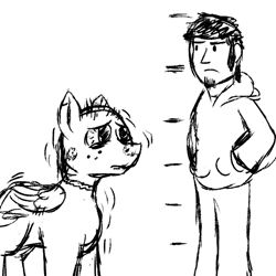 Size: 600x600 | Tagged: safe, artist:thebathwaterhero, derpibooru import, oc, oc only, human, pegasus, pony, series:entrapment, adult, bloodshot eyes, chart, clothes, cutie mark, frown, height, height difference, hoodie, male, monochrome, pants, rash, sad, scale, self insert, size chart, size comparison, size difference, skin, stallion, text