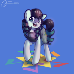 Size: 1024x1024 | Tagged: safe, artist:strangemoose, coloratura, earth pony, pony, blue background, clothes, cutie mark, dress, drill hair, drill mane, female, mare, open mouth, pigtails, raised hoof, signature, simple background, solo, twintails