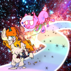 Size: 2000x2000 | Tagged: safe, artist:binkyt11, oc, oc only, oc:bubble pops, oc:sweet ecstasy, earth pony, pony, unicorn, bubble, clusterfuck, i'm sorry, melting, space, trippy, wat