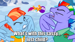 Size: 849x473 | Tagged: safe, edit, screencap, bow hothoof, scootaloo, windy whistles, pegasus, pony, parental glideance, cute, cutealoo, ear plugs, eyes closed, female, filly, helmet, image macro, male, mare, meme, one punch man, open mouth, rainbow dash's parents, text, windyhoof, wing hands