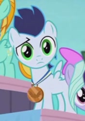 Size: 338x481 | Tagged: safe, screencap, flitter, lightning dust, soarin', pony, parental glideance, colt, cropped, cute, male, medal, podium