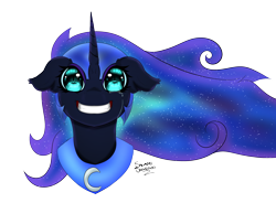 Size: 2640x1939 | Tagged: safe, artist:salamishowdown, derpibooru import, nightmare moon, alicorn, armor, bust, crying, eye reflection, floppy ears, grin, horn, moon, portrait, simple background, smiling, solo, transparent background