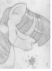 Size: 578x793 | Tagged: safe, artist:midwestbrony, twilight sparkle, crying, cutie mark, monochrome, sad, solo, traditional art