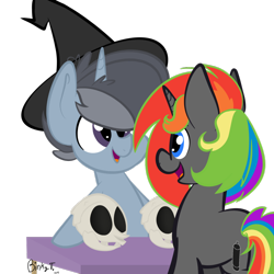 Size: 1024x1024 | Tagged: safe, artist:binkyt11, oc, oc only, oc:krylone, oc:nurse bloodlust, pony, unicorn, anatomically incorrect, bad anatomy, female, halloween, hat, holiday, incorrect leg anatomy, male, mare, rainbow hair, simple background, skull, stallion, transparent background, witch hat