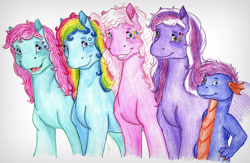 Size: 2208x1439 | Tagged: safe, artist:animagicworld, master kenbroath gilspotten heathspike, minty, pinkie pie (g3), rainbow dash (g3), spike, wysteria, dragon, g3, traditional art