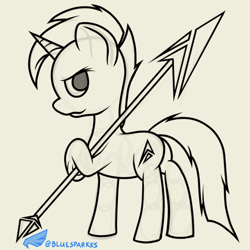 Size: 600x600 | Tagged: safe, artist:bluesparkks, derpibooru import, oc, oc only, monochrome, solo, spear, weapon