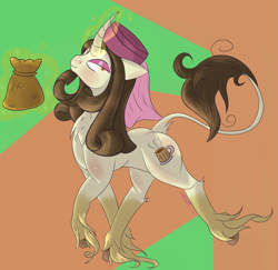 Size: 2803x2719 | Tagged: safe, artist:epicenehs, oc, oc only, oc:heavenly auroma, classical unicorn, pony, unicorn, abstract background, cloven hooves, leonine tail, magic, sack, solo, unshorn fetlocks