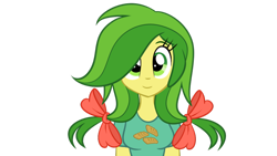 Size: 900x506 | Tagged: safe, artist:wubcakeva, apple fritter, equestria girls, apple family member, bow, clothes, equestria girls-ified, hair bow, looking at you, shirt, simple background, smiling, solo, transparent background