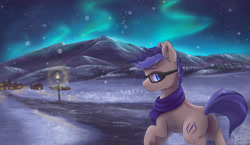 Size: 5700x3300 | Tagged: safe, artist:ardail, oc, oc only, pony, absurd resolution, aurora borealis, clothes, commission, fluffy, glasses, lamppost, night sky, plot, scarf, snow, snowfall, solo, stars, village, winter