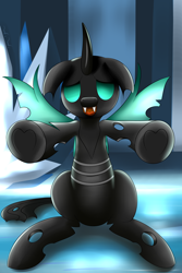 Size: 4000x6000 | Tagged: safe, artist:wilshirewolf, derpibooru import, thorax, changeling, the times they are a changeling, absurd resolution, cute, cuteling, hug, incoming hug, looking at you, offscreen character, open mouth, pov, smiling, solo, thorabetes, underhoof