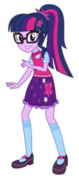 Size: 841x1866 | Tagged: safe, artist:sketchmcreations, sci-twi, twilight sparkle, equestria girls, spoiler:eqg specials, adorkable, alternate costumes, bowtie, clothes, commission, cute, dork, glasses, looking at you, mary janes, ponytail, shoes, simple background, skirt, smiling, socks, solo, transparent background, twiabetes, twilight's sparkly sleepover surprise, vector