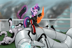 Size: 1500x1000 | Tagged: safe, artist:lunarapologist, derpibooru import, twilight sparkle, unicorn twilight, pony, robot, unicorn, female, geth, mare, mass effect, n7, n7 armor, omni-blade, omni-tool, parody