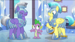 Size: 1286x724 | Tagged: safe, derpibooru import, screencap, spike, dragon, the times they are a changeling, animated, armor, crystal guard, crystal guard armor, guard, laughing, royal guard, unamused