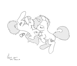 Size: 1611x1382 | Tagged: safe, artist:woonasart, oc, oc only, grayscale, kissing, monochrome