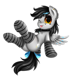 Size: 2550x2850 | Tagged: safe, artist:pridark, oc, oc only, oc:lightning dee, pegasus, pony, bow, bracelet, choker, clothes, commission, dyed mane, ear fluff, ear piercing, earring, female, flying, frog (hoof), jewelry, makeup, mare, necklace, one eye closed, piercing, plot, simple background, socks, solo, spiked choker, spread wings, striped socks, tail bow, tongue out, transparent background, underhoof, wing fluff, wings, wink, ych result