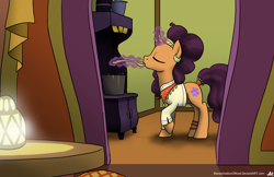 Size: 5100x3300 | Tagged: safe, artist:bananimationofficial, derpibooru import, saffron masala, spice up your life, cooking, eating, eyes closed, kurta, levitation, magic, pot, raised hoof, solo, spoon, stove, table, telekinesis, the tasty treat