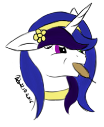 Size: 471x573 | Tagged: safe, artist:xaik0x, derpibooru import, oc, oc only, oc:amate, pony, unicorn, corn, corndog, ear piercing, earring, female, food, full mouth, headband, heterochromia, jewelry, mare, necklace, piercing, sausage, solo, two colour hair