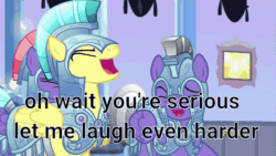 Size: 500x281 | Tagged: safe, derpibooru import, edit, edited screencap, screencap, the times they are a changeling, animated, armor, caption, crying, crystal guard, crystal guard armor, discovery family logo, futurama, guard, image macro, laughing, meme, oh wait you're serious, reaction image