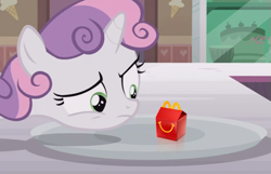 Size: 691x446 | Tagged: safe, edit, edited screencap, screencap, sweetie belle, pony, forever filly, food, happy meal, mcdonald's, obligatory pony, plate, solo, sweetie's plate