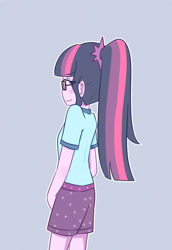 Size: 1280x1860 | Tagged: safe, artist:yuck, sci-twi, twilight sparkle, equestria girls, blue background, blushing, camp everfree outfits, clothes, female, glasses, ponytail, shorts, simple background, solo