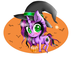 Size: 1280x1018 | Tagged: safe, artist:niniibear, derpibooru import, oc, oc only, bat, pony, unicorn, blushing, chibi, cute, ear fluff, food, halloween, hat, pumpkin, smiling, solo, starry eyes, stars, unshorn fetlocks, wingding eyes, witch, witch hat