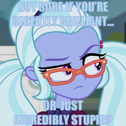 Size: 550x550 | Tagged: safe, derpibooru import, sugarcoat, equestria girls, friendship games, clothes, crystal prep academy uniform, crystal prep shadowbolts, glasses, looking away, meme, misspelling, not sure if, raised eyebrow, school uniform