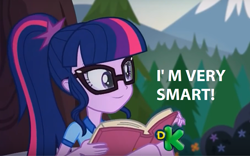 Size: 968x604 | Tagged: safe, edit, edited screencap, screencap, sci-twi, twilight sparkle, equestria girls, legend of everfree, book, captain obvious, caption, discovery kids, glasses, image macro, meme, solo, text