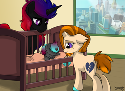 Size: 4497x3300 | Tagged: safe, artist:lostinthetrees, oc, oc only, pony, unicorn, broken horn, crib, family, foal, parent