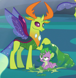 Size: 829x851 | Tagged: safe, derpibooru import, screencap, spike, thorax, changedling, changeling, dragon, to where and back again, changeling king, changeling slime, cocoon, cropped, duo, king thorax, male, smiling, wet