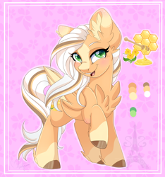 Size: 1024x1092 | Tagged: safe, artist:pvrii, oc, oc only, oc:honey dipper, pegasus, pony, female, looking at you, mare, open mouth, raised hoof, reference sheet, smiling, solo