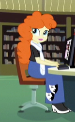 Size: 155x250 | Tagged: safe, screencap, golden hazel, equestria girls, friendship games, bookshelf, clothes, computer, cropped, library, scarf, solo