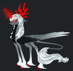 Size: 1866x1821 | Tagged: safe, artist:australian-senior, oc, oc only, oc:sybill invictus, alicorn, kirin, pony, alternate universe, antlers, colored hooves, colored sclera, crossover, gray background, kirindos, leonine tail, magic, oracle turret, portal, portal (valve), portal 2, red eyes, redesign, simple background, sketch, solo, unshorn fetlocks