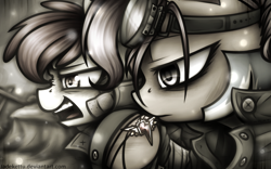 Size: 1024x640 | Tagged: safe, artist:jadekettu, derpibooru import, apple bloom, scootaloo, earth pony, pegasus, pony, armor, contrast, duo, emotional, goggles, inspired, kinetic contrast, monochrome, trench, war, wonderbolts