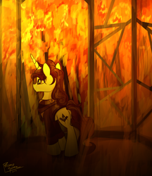 Size: 2244x2592 | Tagged: safe, artist:pedrohander, derpibooru import, oc, oc only, oc:gray compass, pony, unicorn, arson, fire, solo