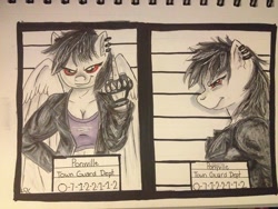 Size: 720x540 | Tagged: safe, artist:dragoncatart, oc, oc only, oc:revi stiletto, anthro, anthro oc, clothes, jacket, leather jacket, middle finger, mugshot, piercing, red eyes, solo, traditional art