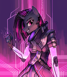 Size: 1840x2107 | Tagged: safe, artist:jedayskayvoker, anthro, unicorn, clothes, crossover, female, grin, looking at you, mare, overwatch, ponified, smiling, solo, sombra (overwatch), video game