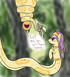 Size: 856x944 | Tagged: safe, artist:mightyshockwave, derpibooru import, daring do, oc, oc:mist reticle, lamia, original species, snake, coils, constriction, jungle, lidded eyes, slit eyes, squeezing